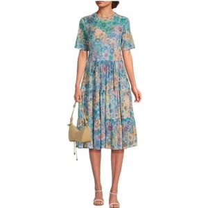 Johnny Was Mesh Tiered Dress Size  Medium Floral Midi Boho Spring